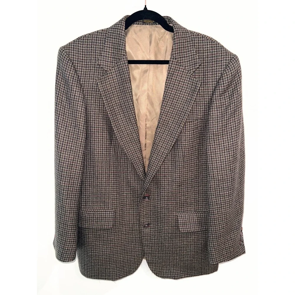 Oscar de la Renta Blazer 100% Wool Academia Houndstooth Sport Coat Brown Tan 41R
